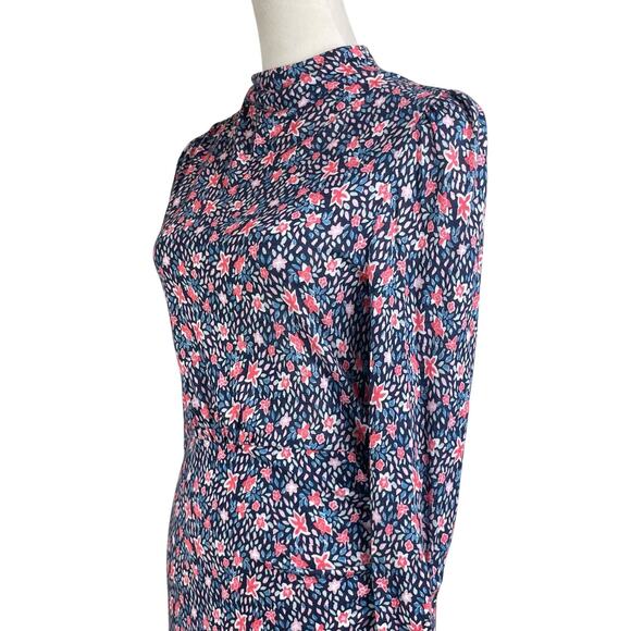 Rebecca Taylor Blue Red Floral Long Sleeve Mock Neck Stretch Zip Up Mini Dress - Picture 6 of 12